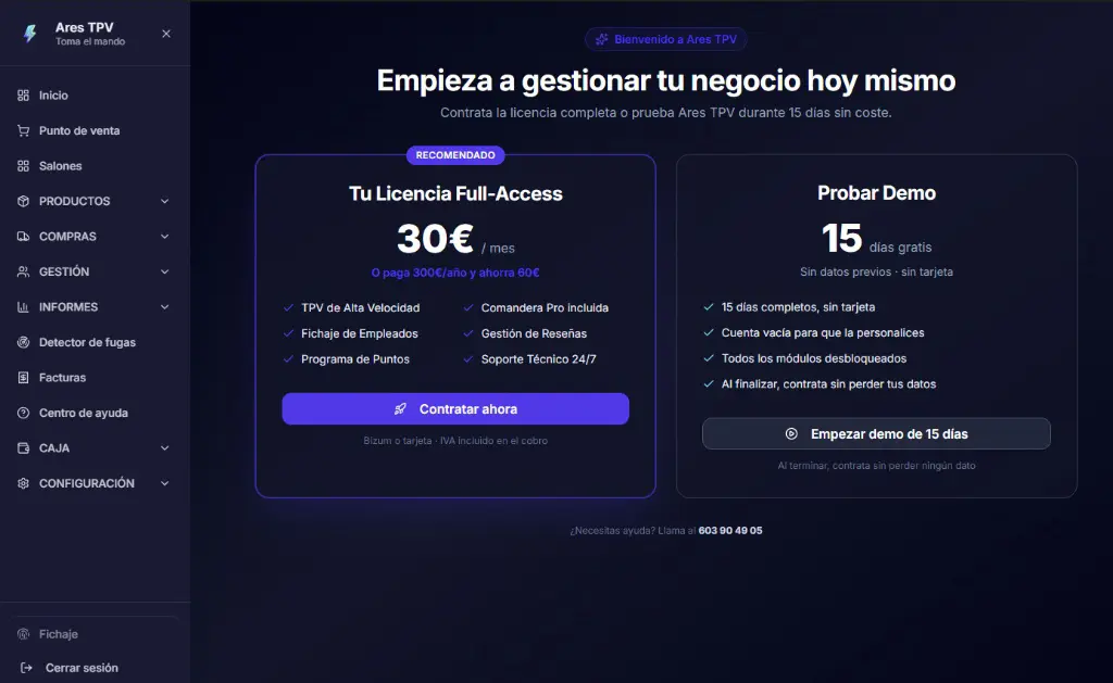 Elegir plan y demo gratuita de Ares TPV